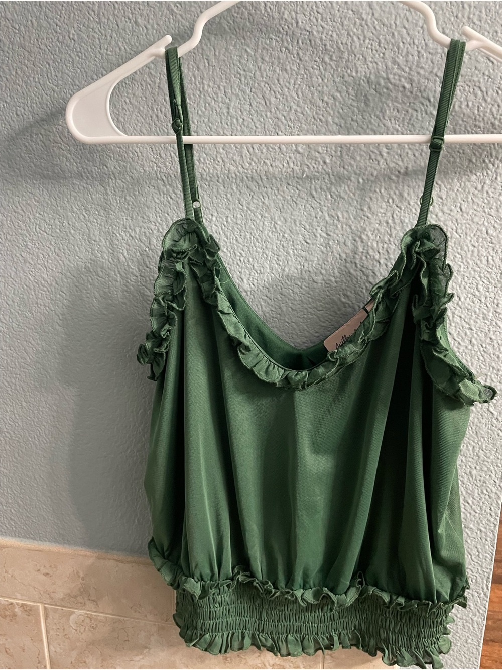 Willow & Root Green Ruffled Satin Cami Tank Top